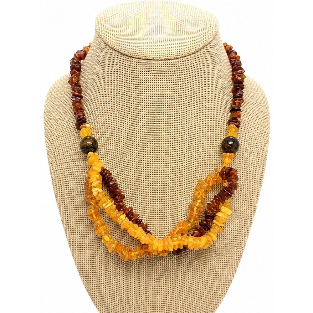 VINTAGE AMBER NECKLACE Multi Strand Chip Bead Honey Cognac Boho 16"